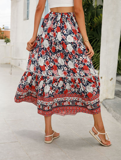 Romantic Boho Floral Print High Waist Skirt