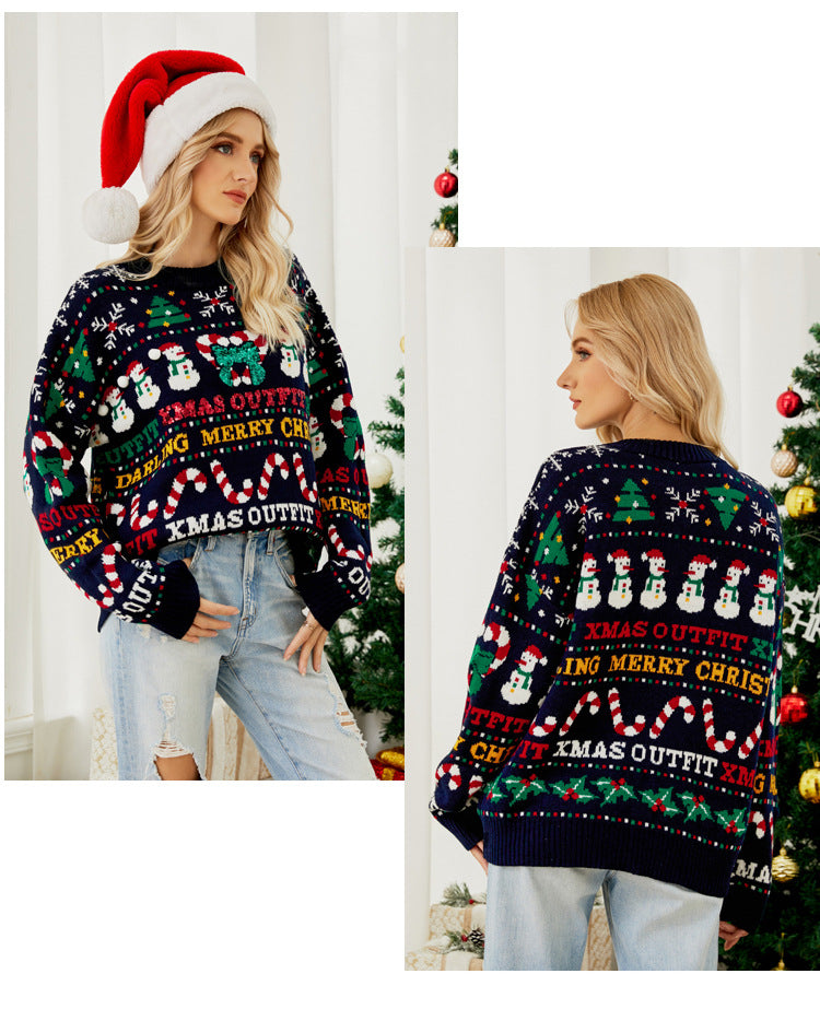 Snowman Pattern Sequin Bow Knit Sweater