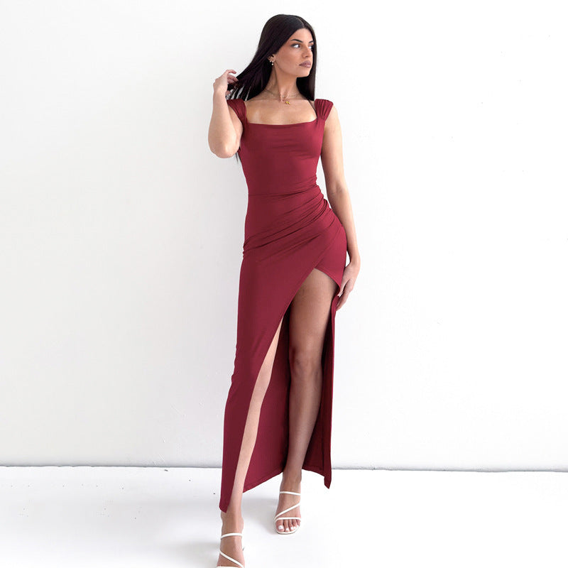 Pleated Backless Slit Maxi Dress