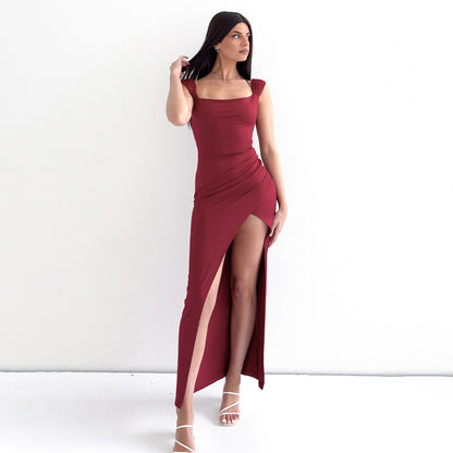 Pleated Backless Slit Maxi Dress