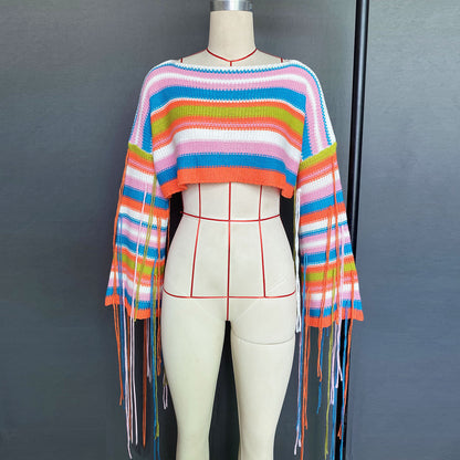 Boho Knit Rainbow Striped Fringe Crop Sweater