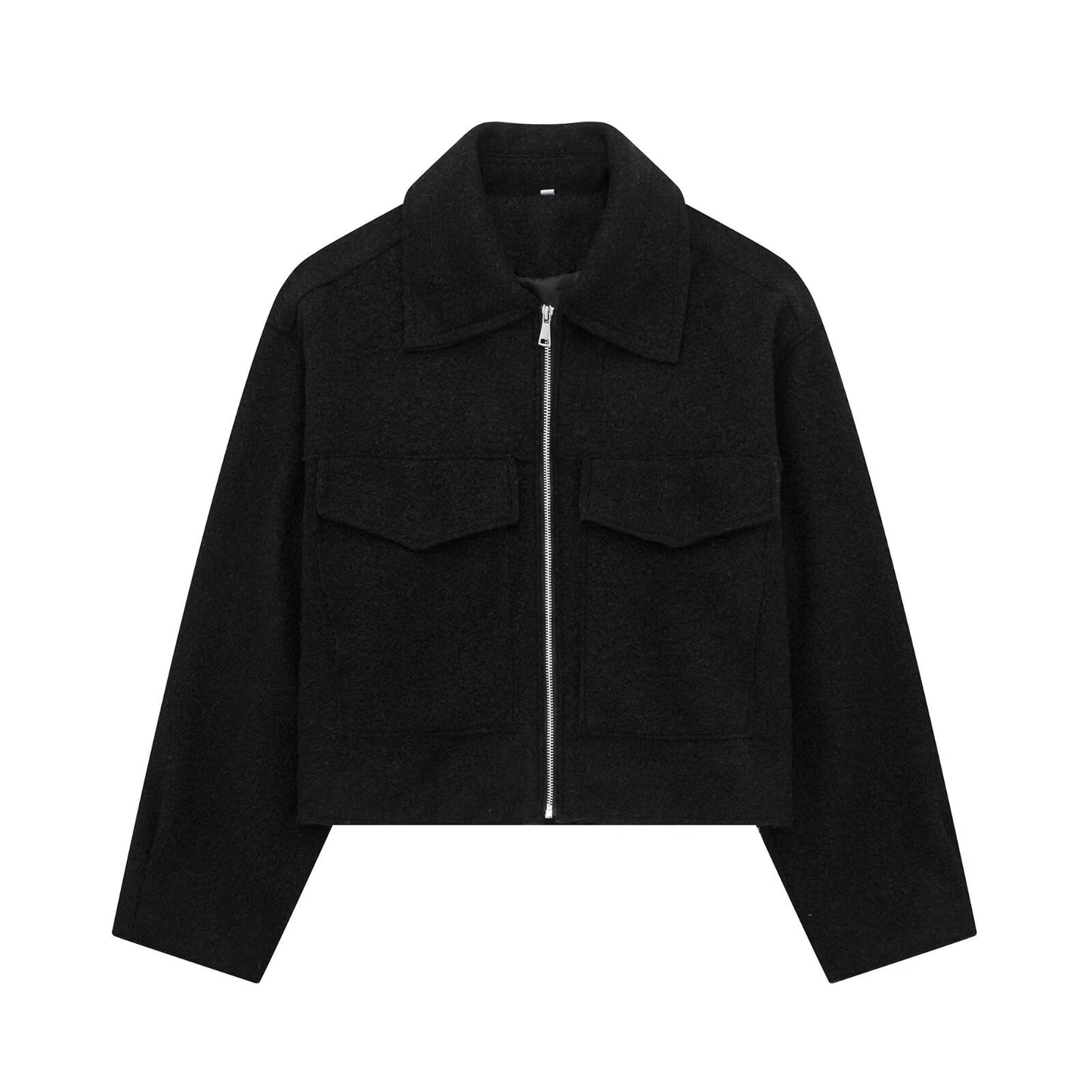 Cropped Wool Blend Front Pockets Jacket