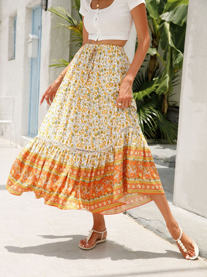 Romantic Boho Floral Print High Waist Skirt