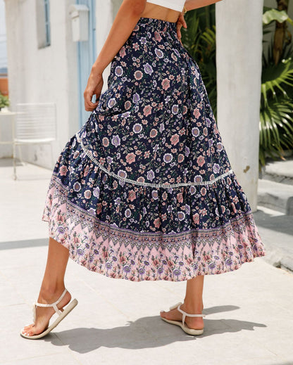 Romantic Boho Floral Print High Waist Skirt