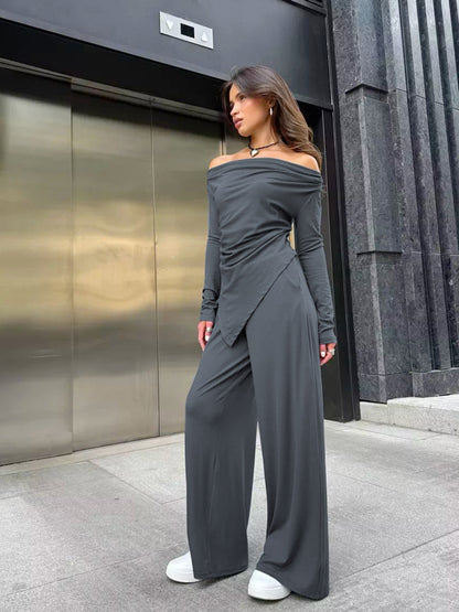 Strapless Ruched Slim Long Sleeve Top Wide Leg Pants Set