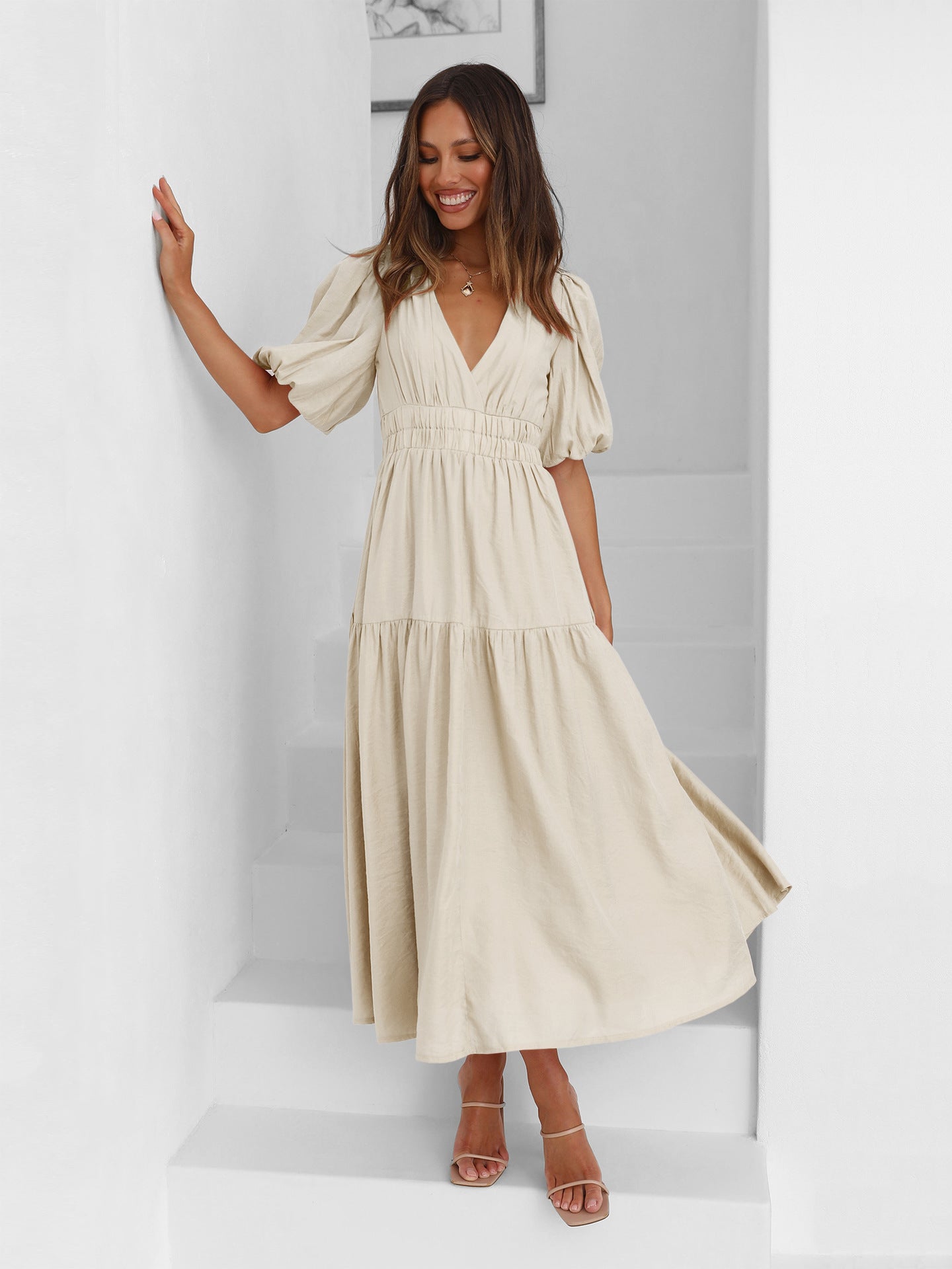 V-neck Puffy Sleeve Pleated Stretch Maxi Dress