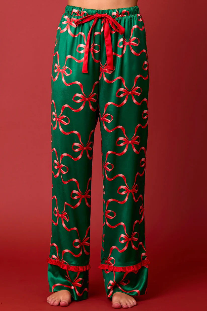 Green Christmas Pajama Set With Red Bow