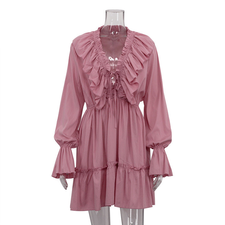 V-neck Pleated Ruffle Waist Long Sleeve Mini Dress