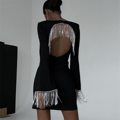 Diamond Fringe Backless Mini Dress