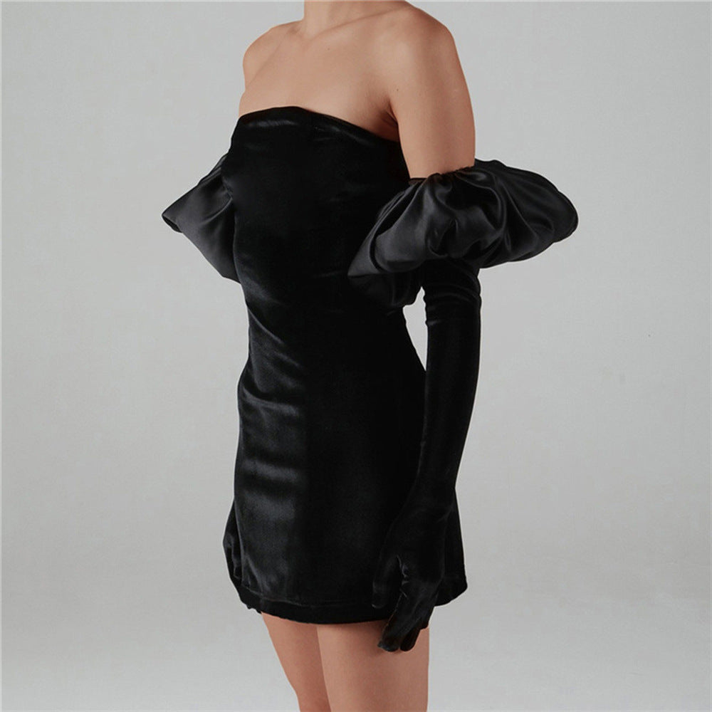 Gloves Bubble Sleeve Slim Mini Dress