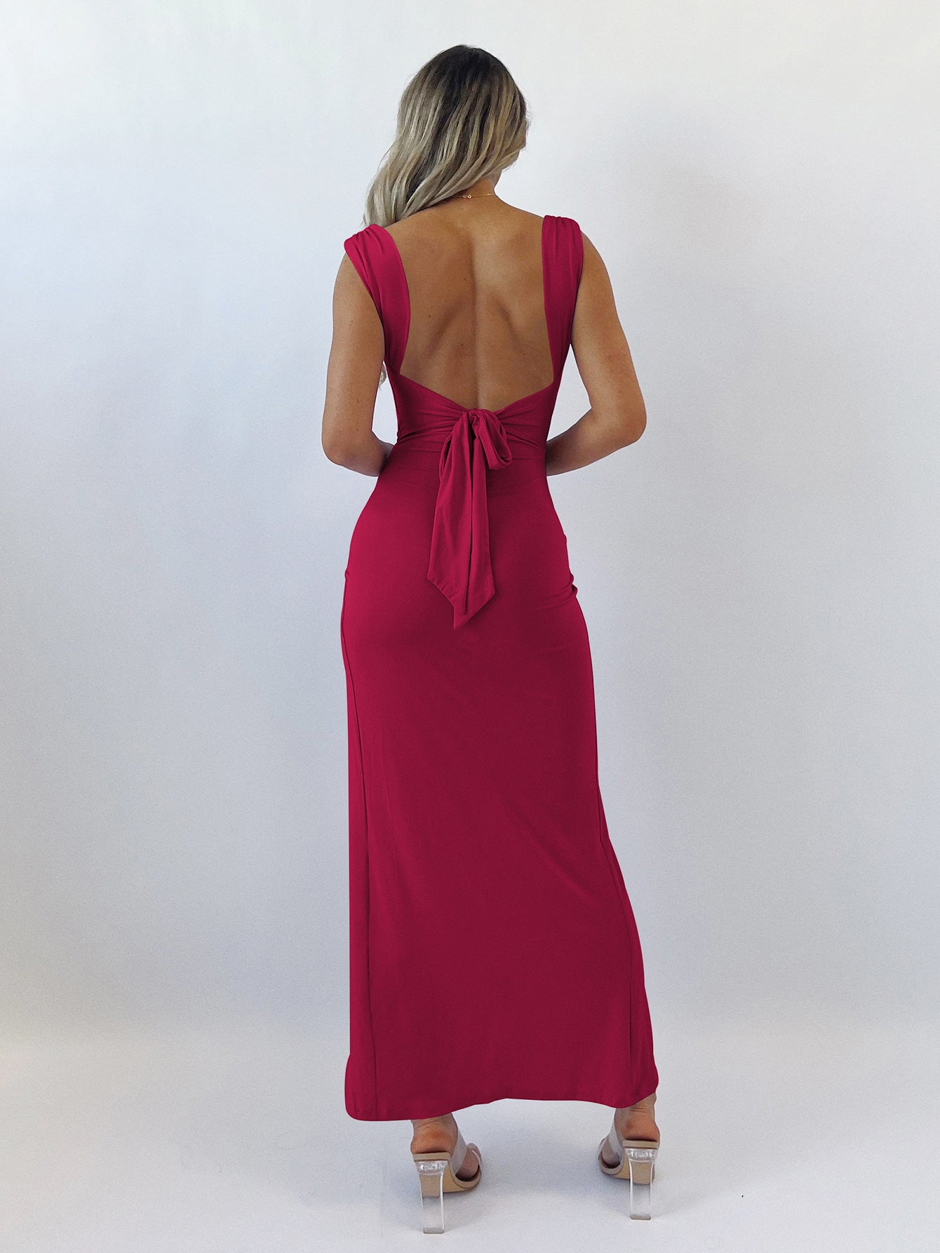 Pleated Backless Slit Maxi Dress