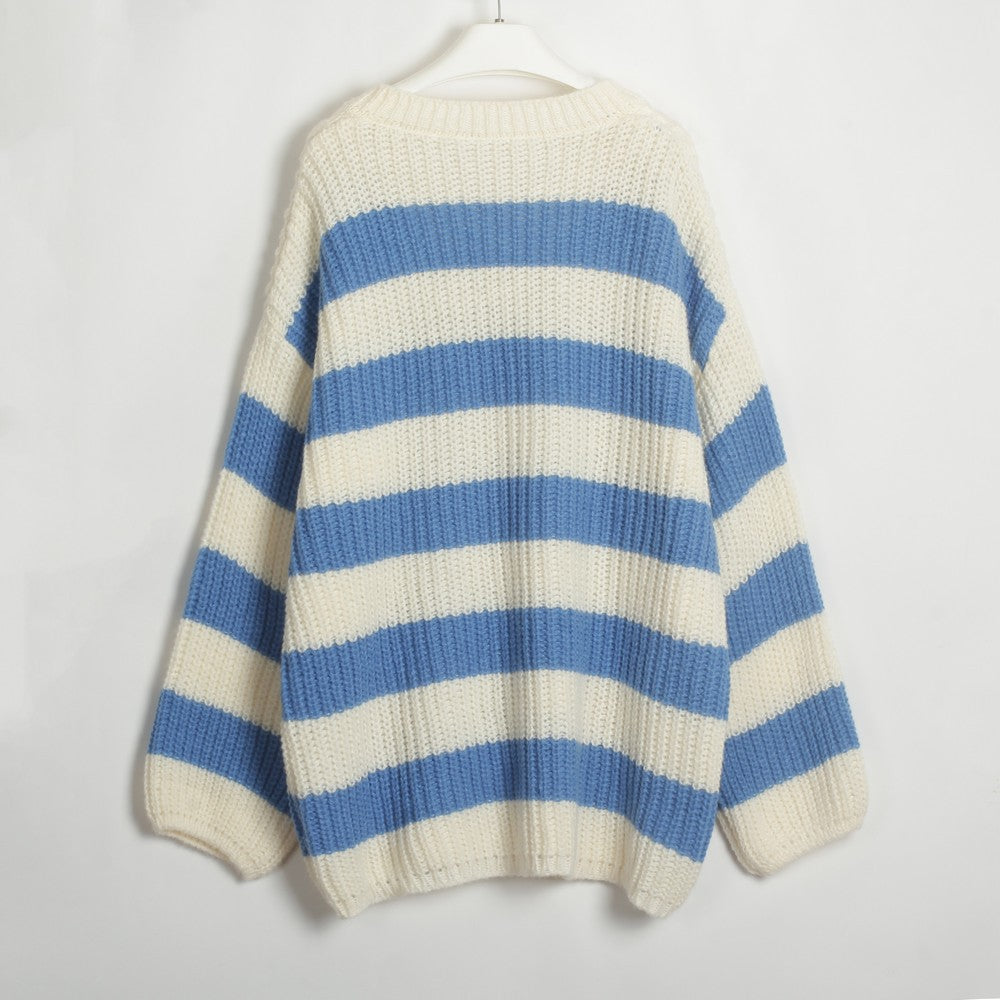 Loose V-neck Striped Knit Sweater