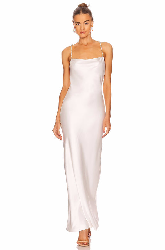 Elegant Backless Pearl Halter Maxi Dress