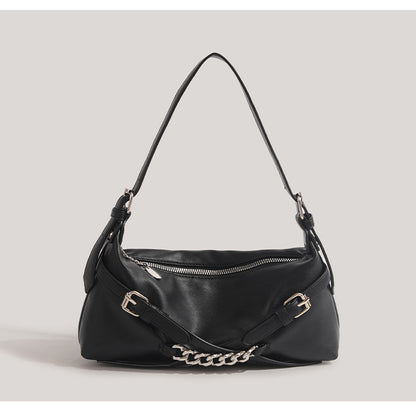 Buckle Chain Detail Faux Leather Shoulder Bag