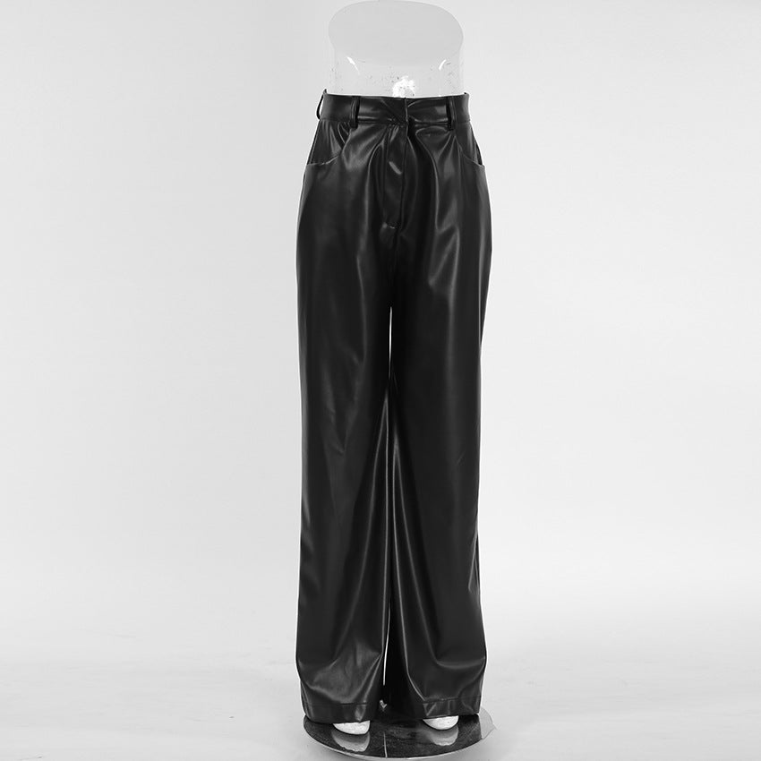 High-Waist Wide-legged Straight-Leg Faux Leather Pant