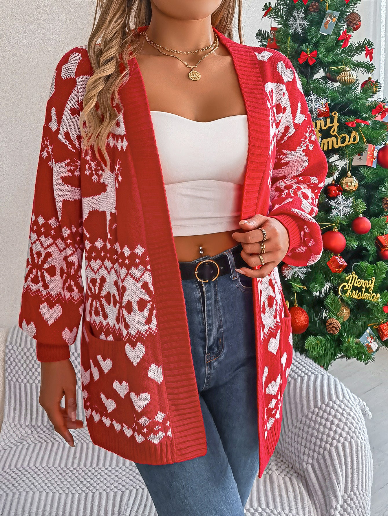 Snowflake Heart elk Pattern Knit Cardigan