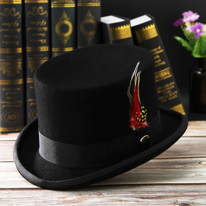 Feather Decorated Black Top Hat