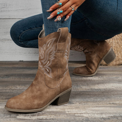 Vintage Western Cowboy Embroidered High-Heeled Knight Ankle Boots