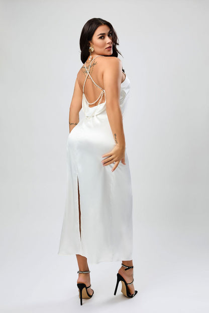 Elegant Backless Pearl Halter Maxi Dress