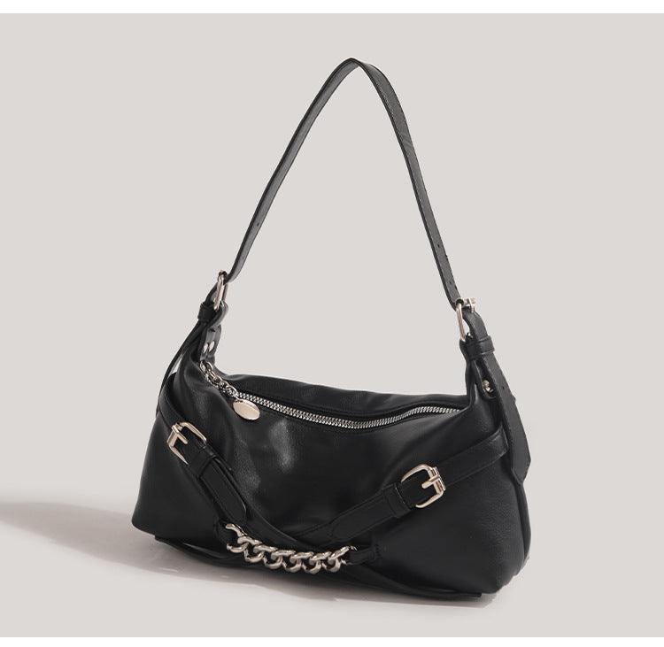 Buckle Chain Detail Faux Leather Shoulder Bag