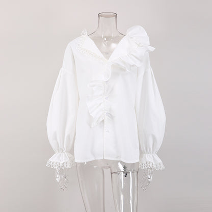 V-neck Asymmetry Frilled Long Sleeve Blouse Shirt