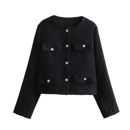 Shoulder Pads And Crew-Neck Button Jacket