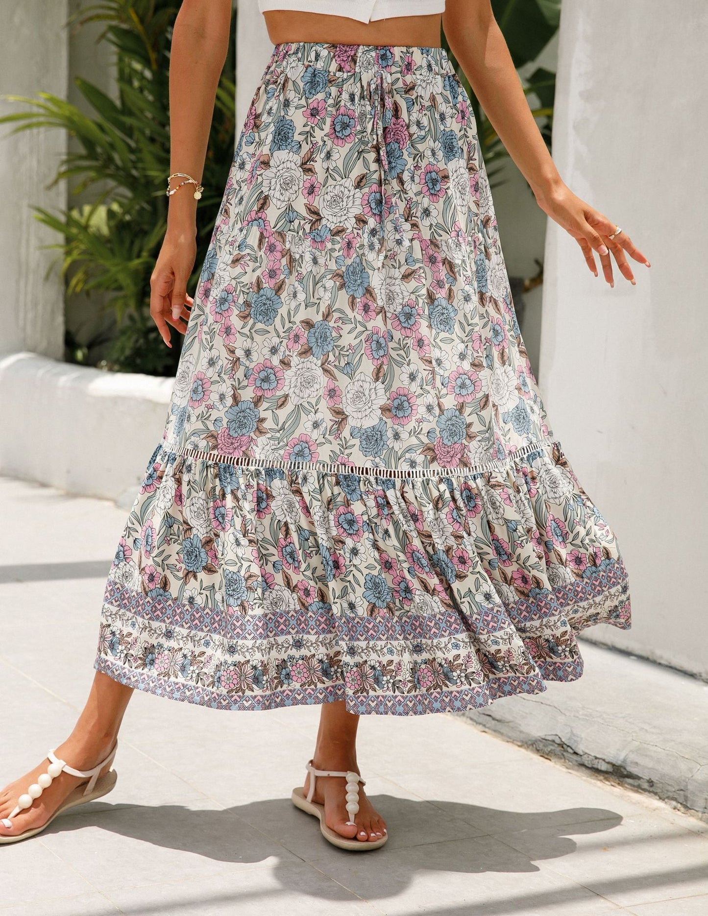 Romantic Boho Floral Print High Waist Skirt