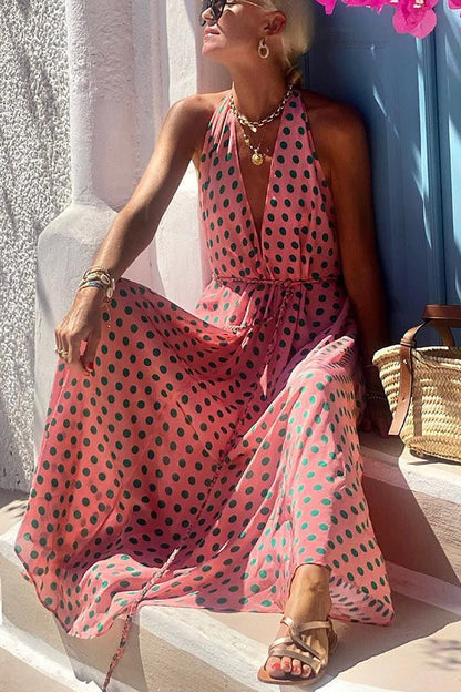 Polka Dots Print Back Lace-Up Swing Maxi Dress