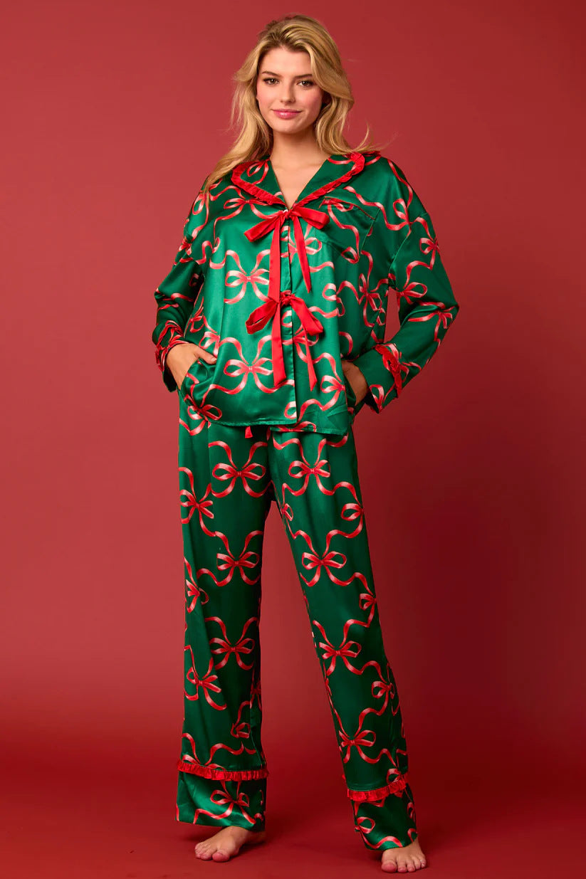 Green Christmas Pajama Set With Red Bow