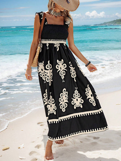 Sleeveless Strap Print Midi Dress