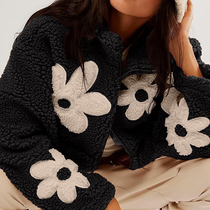 Zipper Lapel Plush Flower Jacket