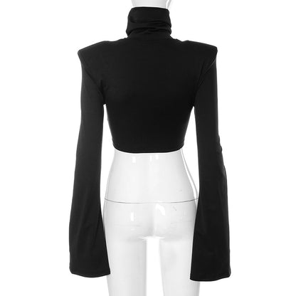 High Neck Padded Shoulder Flare Sleeve Crop Top