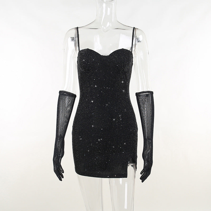 Sequined Black Slit Mini Dress