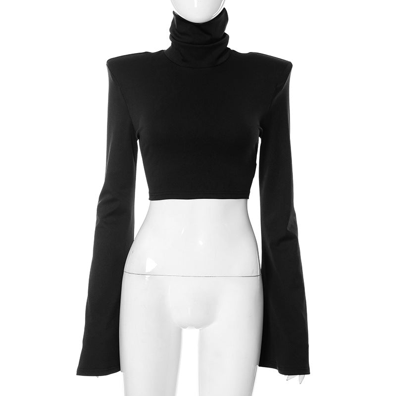 High Neck Padded Shoulder Flare Sleeve Crop Top