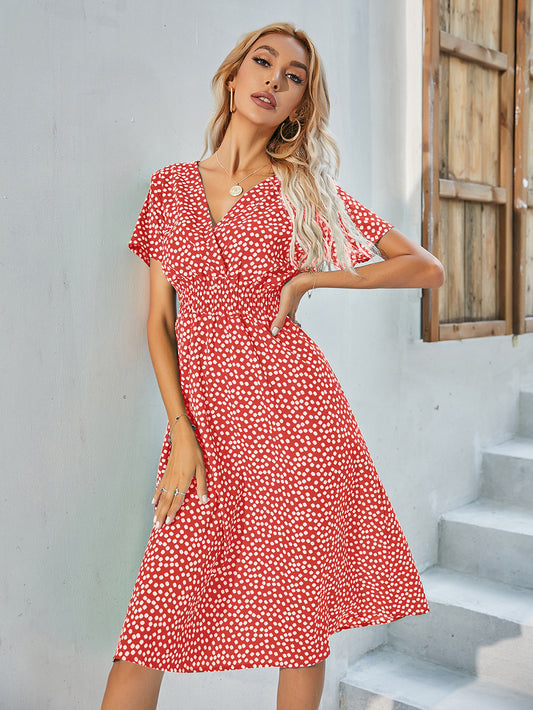 V-neck Polka Dot Crushed Flower Short Sleeve Dress