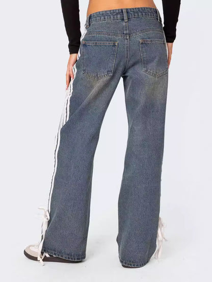 Low Waist Loose Side Striped Bow Wide-Leg Jeans