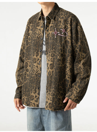 Lovers' Flat Rivets Decorate Leopard Print Jacket