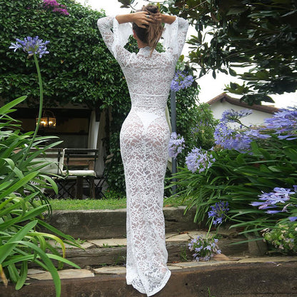 V-Neck Long Sleeve Slim Lace Maxi Dress