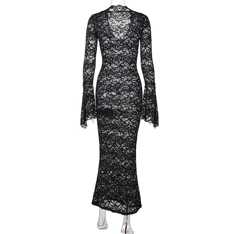 V-Neck Long Sleeve Slim Lace Maxi Dress