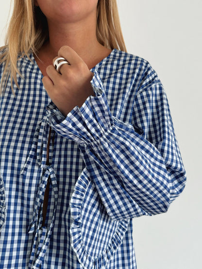 Flared Sleeve Ruffled Edge Heart-Shaped Lace-Up Plaid Shirt