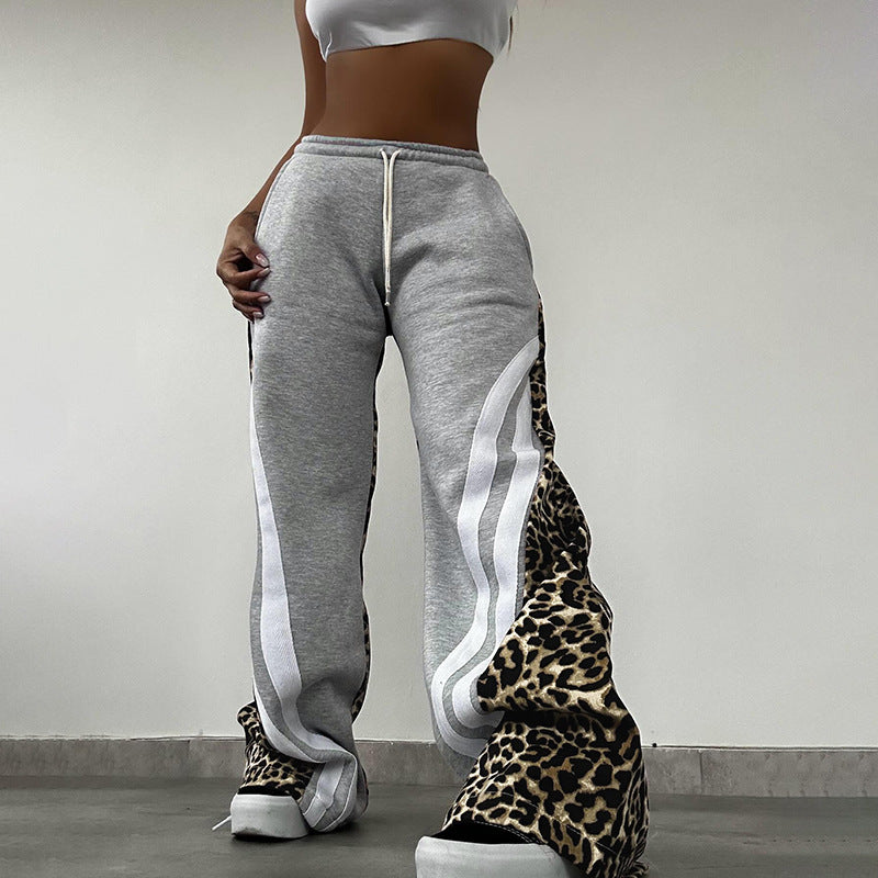 Street Style Leopard-Print Striped Patchwork High-Waisted Pant