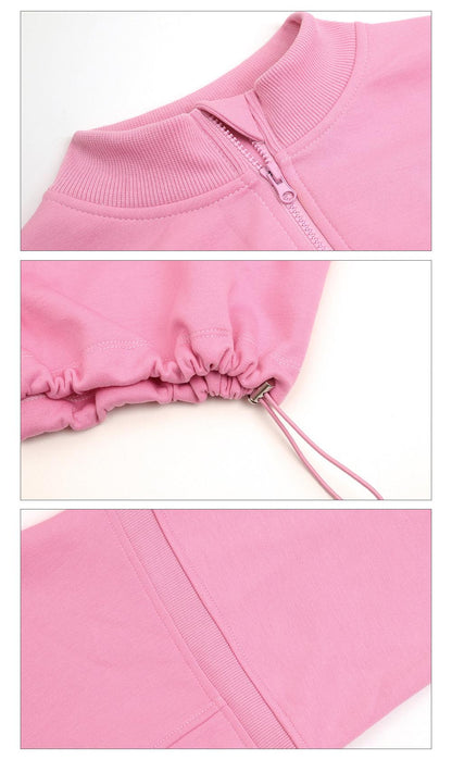 Zip-Up Stand Collar Ribbed Patchwork Drawstring Short Sweatshirt