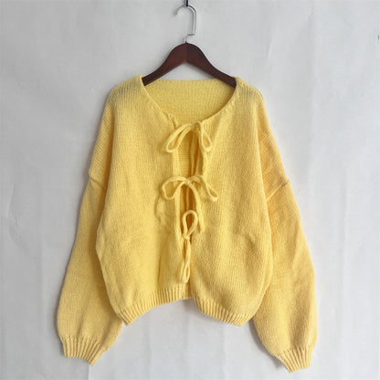 Solid Color Crew Neck Lace-Up Cardigan