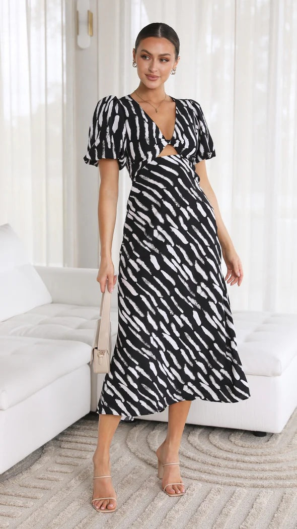 Printed V-Neck A-Line Midi Dress