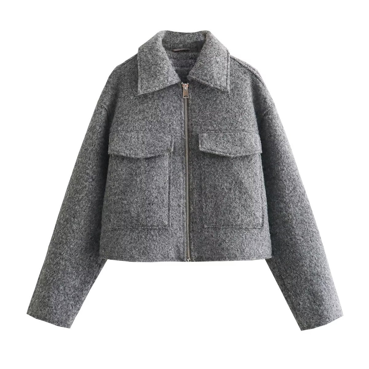 Cropped Wool Blend Front Pockets Jacket