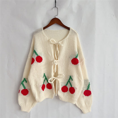 Cherry Knit Lace-Up Cardigan