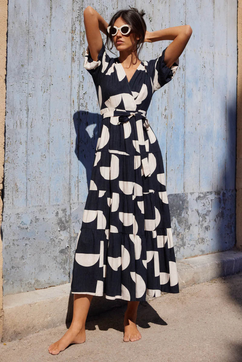 V-Neck Puff Sleeves Slit Printed Midi Dress