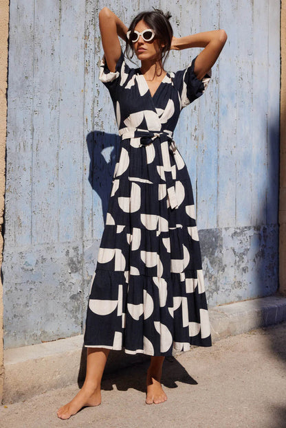 V-Neck Puff Sleeves Slit Printed Midi Dress