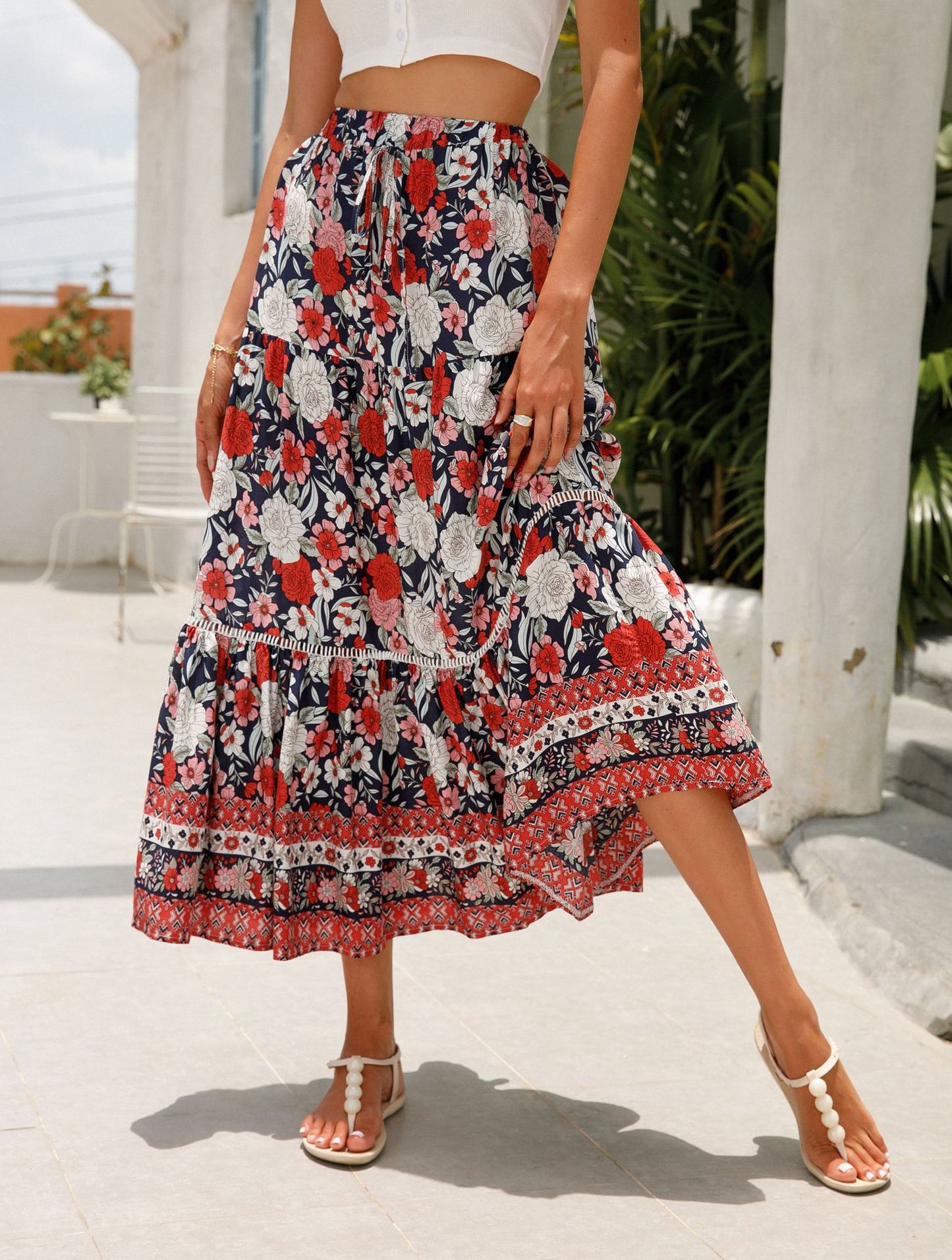 Romantic Boho Floral Print High Waist Skirt