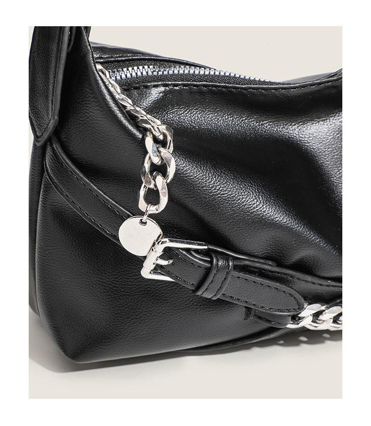 Buckle Chain Detail Faux Leather Shoulder Bag